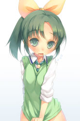 Rule 34 | 10s, 1girl, blush, bottomless, covering privates, covering crotch, green eyes, green hair, green sweater vest, green theme, matching hair/eyes, midorikawa nao, mikage sekizai, open mouth, ponytail, precure, school uniform, shirt tug, short hair, sleeves rolled up, smile precure!, solo, sweatdrop, sweater vest
