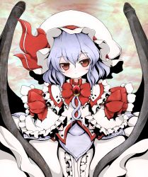 Rule 34 | 1girl, bat wings, blue hair, blush, dress, female focus, frilled dress, frills, gradient background, hat, red eyes, remilia scarlet, shishigami (sunagimo), short hair, solo, touhou, wings