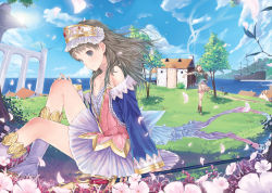 Rule 34 | 2girls, atelier (series), atelier totori, bare shoulders, boots, brown eyes, brown hair, cecilia helmold, cloud, day, female focus, flower, grass, happy, house, ken-1, knee boots, light smile, long hair, looking at viewer, multiple girls, ocean, outdoors, petals, ship, sitting, skirt, sky, smile, solo, staff, sun, totooria helmold, tree, water, watercraft