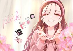 Rule 34 | 19 okeke, 1girl, brown hair, commentary request, cosmetics, earrings, forehead, grin, hairband, highres, idolmaster, idolmaster shiny colors, jewelry, long hair, looking at viewer, nail polish, osaki amana, pink shirt, red nails, shirt, smile, solo, upper body, yellow eyes