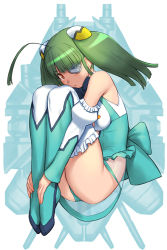Rule 34 | 1girl, ahoge, ass, bare shoulders, black bow, black bowtie, blunt bangs, boots, bow, bowtie, commentary, detached sleeves, fetal position, frilled thighhighs, frills, full body, green footwear, green hair, green leotard, green thighhighs, leotard, orange eyes, otomedius, revealing clothes, sakamoto mineji, see-through, see-through skirt, skirt, solo, thighhighs, tita nium, twintails