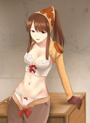 Rule 34 | 1girl, bandana, bow, bow bra, box, bra, breasts, brown eyes, brown gloves, brown hair, brown headwear, brown jacket, brown shorts, cameltoe, cleavage, clothes pull, commentary request, cowboy shot, gloves, highres, jacket, leaning back, long hair, long sleeves, looking at viewer, medium breasts, midriff, navel, open mouth, panties, ragnarok online, red bow, reversein, shorts, shorts pull, shrug (clothing), solo, thief (ragnarok online), underwear, white bra