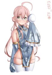 Rule 34 | 1girl, ahoge, alternate costume, aqua-framed eyewear, aqua dress, blush, china dress, chinese clothes, cowboy shot, detached sleeves, double bun, dress, glasses, hair bun, highres, kantai collection, long hair, long sleeves, looking at viewer, makigumo (kancolle), pelvic curtain, pink hair, sleeves past fingers, sleeves past wrists, smile, solo, tf cafe, thighhighs, white thighhighs, wide sleeves, yellow eyes