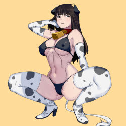 Rule 34 | 1girl, animal ears, animal print, bell, bikini, black bikini, black eyes, black hair, boots, breasts, cleavage, collar, covered erect nipples, cow ears, cow print, cow tail, cowbell, elbow gloves, full body, girls und panzer, gloves, hand on own head, high heels, highres, horns, large breasts, navel, nishizumi shiho, onsen tamago (hs egg), red collar, simple background, solo, squatting, string bikini, swimsuit, tail, thigh boots, white footwear, white gloves, white tail, yellow background