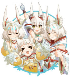 Rule 34 | age difference, animal ears, blunt bangs, cat ears, chest jewel, dual persona, fang, fangs, gloves, grey hair, grin, hey cre, highres, long hair, nia (xenoblade), official alternate costume, official alternate hair length, official alternate hairstyle, one eye closed, short hair, smile, thumbs up, time paradox, white gloves, xenoblade chronicles (series), xenoblade chronicles 2, xenoblade chronicles 3, yellow eyes
