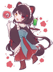 Rule 34 | 1girl, absurdres, animal ears, black kimono, blush, brown footwear, brown hair, cat hair ornament, cherry, facing back, fang, flower, food, from behind, fruit, full body, hair ornament, heterochromia, highres, holding, holding tray, ice cream, ice cream float, inui toko, inui toko (1st costume), japanese clothes, kimono, looking at viewer, low twintails, maid headdress, nijisanji, obi, red eyes, red ribbon, red skirt, ribbon, sash, skin fang, skirt, smile, solo, speech bubble, tail, tray, twintails, v, virtual youtuber, yellow eyes, yuki (yu kix8)