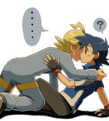 Rule 34 | ..., 2boys, ?, ahoge, ash ketchum, black hair, blonde hair, blue jumpsuit, blue track suit, brown eyes, clemont (pokemon), confused, creatures (company), denim, fingerless gloves, from side, game freak, gloves, hand on another&#039;s back, jacket, jeans, jumpsuit, multiple boys, nintendo, pants, pokemon, pokemon (anime), pokemon xy (anime), raia26, simple background, spiked hair, sweat, tagme, track jacket, white background, yaoi