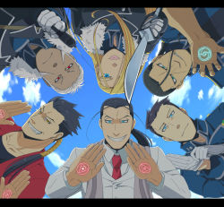 Rule 34 | 1girl, 5boys, aiming, aiming at viewer, aqua eyes, black hair, blonde hair, blue eyes, circle formation, dual persona, evil grin, evil smile, formal, frank archer, from below, fullmetal alchemist, gloves, grin, gun, hair over one eye, highres, isaac macdougal, letterboxed, long hair, looking at viewer, magic circle, miles, military, military uniform, multiple boys, ntm, olivier mira armstrong, ponytail, red eyes, sky, smile, solf j. kimblee, suit, sword, uniform, weapon, white hair, white suit, yellow eyes