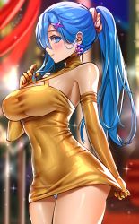 Rule 34 | 1girl, alternate hairstyle, artist name, ass, bare shoulders, blue eyes, blue hair, blurry, blurry background, breasts, closed mouth, clothes pull, covered navel, cowboy shot, dress, earrings, elbow gloves, enma (enmanuelart), gloves, hair ornament, halter dress, halterneck, hand up, highres, jewelry, large breasts, looking at viewer, panties, pantyshot, ponytail, re:zero kara hajimeru isekai seikatsu, rem (re:zero), scrunchie, sideboob, skirt, skirt pull, smile, solo, sparkle background, taut clothes, thighs, underwear, white panties, x hair ornament, yellow gloves, yellow skirt