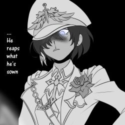 Rule 34 | 1girl, black background, blood, chain, collared shirt, cross, english text, flower, glowing, glowing eye, grey background, haaru, hat, helltaker, jacket, military, military uniform, nosebleed, open clothes, open jacket, pink eyes, rose, shirt, short hair, solo, spot color, uniform