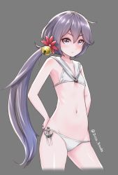 Rule 34 | 1girl, akebono (kancolle), artist name, bell, bikini, breasts, cosplay, disco brando, flower, grey background, hair bell, hair flower, hair ornament, highres, jingle bell, kantai collection, long hair, looking at viewer, navel, purple eyes, purple hair, sailor bikini, sailor collar, simple background, small breasts, solo, swimsuit, twitter username, white bikini, z3 max schultz (kancolle) (cosplay), z3 max schultz (kancolle)