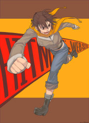 Rule 34 | 1girl, artist name, azusa (hws), boots, brown hair, foreshortening, jacket, open mouth, original, running, scarf, solo
