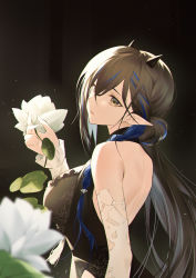Rule 34 | 1girl, absurdres, arknights, backless dress, backless outfit, bare shoulders, black background, black dress, black hair, blacknight (arknights), blacknight (summer flower) (arknights), blue hair, breasts, chinese commentary, commentary request, dress, flower, hand up, highres, holding, holding flower, horns, jiusan naitang, large breasts, long hair, looking at viewer, parted lips, pointy ears, simple background, solo, upper body, very long hair, white flower