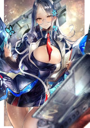 Rule 34 | 1girl, azur lane, blush, book, braid, breasts, bug, butterfly, cleavage, cleavage cutout, closed mouth, clothing cutout, collared dress, cowboy shot, dress, glasses, grey hair, hair ornament, hand up, highres, holding, holding book, bug, large breasts, light particles, long hair, long sleeves, looking at viewer, necktie, rigging, semi-rimless eyewear, shangri-la (azur lane), short dress, sidelocks, signo aaa, grey-framed eyewear, skindentation, smile, snowflake hair ornament, solo, thighs