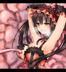 Rule 34 | 10s, 1girl, ap@meito, armpits, arms up, blush, breasts, cleavage, clenched teeth, clock eyes, date a live, gothic lolita, heterochromia, imminent rape, large breasts, letterboxed, lolita fashion, monster, red eyes, solo, sweat, symbol-shaped pupils, teeth, tentacles, tokisaki kurumi, twintails