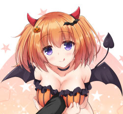 Rule 34 | 1girl, 1other, :q, alternate costume, animal ears, arm between breasts, arm under breasts, armpit crease, bare shoulders, bat hair ornament, between breasts, black choker, blush, bra, breasts, cafe stella to shinigami no chou, choker, cleavage, closed mouth, collarbone, commentary, crossed arms, demon horns, demon tail, demon wings, double-parted bangs, eyelashes, eyes visible through hair, fake animal ears, fake horns, fake tail, food-themed hair ornament, frilled bra, frills, hair between eyes, hair ornament, halloween, horns, igarashi kenji, large breasts, looking at viewer, medium hair, orange bra, orange hair, pink background, pov, pumpkin hair ornament, purple eyes, seductive smile, simple background, smile, solo focus, sparkle, star (symbol), straight-on, sumizome nozomi, tail, tongue, tongue out, twintails, underwear, upper body, white background, wings