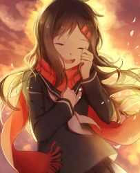 Rule 34 | 1girl, :d, bad id, bad pixiv id, brown hair, domik, closed eyes, highres, kagerou project, long hair, open mouth, school uniform, smile, solo, tateyama ayano, tears