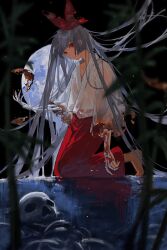 Rule 34 | 1girl, :/, absurdly long hair, absurdres, barefoot, blunt bangs, bow, burnt, burnt clothes, closed mouth, collarbone, fujiwara no mokou, full body, full moon, grey hair, hair bow, hice hideice, highres, injury, kneeling, long hair, long sleeves, looking at viewer, moon, pants, red bow, red eyes, red pants, reflection, ribs, shirt, skeletal arm, skull, solo, touhou, very long hair, white shirt