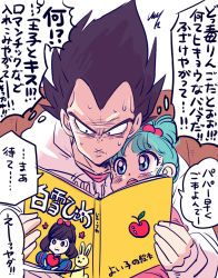 Rule 34 | 1boy, 1girl, :3, apple, aqua hair, black hair, blue eyes, book, bra (dragon ball), rabbit, disney, dragon ball, dragonball z, father and daughter, food, frown, fruit, hair bobbles, hair ornament, miiko (drops7), open book, open mouth, puff and slash sleeves, puffy sleeves, reading, snow white, snow white (disney), snow white and the seven dwarfs, sweat, translation request, vegeta, widow&#039;s peak