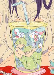 Rule 34 | 2girls, closed eyes, cup, drinking straw, foo fighters (jojo), green hair, green overalls, hugging own legs, ice, ice cube, in container, in cup, jojo no kimyou na bouken, kuujou jolyne, mini person, minigirl, multiple girls, no90710108, profile, short hair, smile, stone ocean