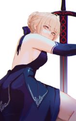 Rule 34 | 1girl, artist name, artoria pendragon (all), artoria pendragon (fate), back, backless dress, backless outfit, bare shoulders, blonde hair, bow, braid, crown braid, dress, elbow gloves, fate/grand order, fate (series), from below, gloves, hair bow, hair bun, highres, looking at viewer, pinlin, saber alter, signature, simple background, single hair bun, solo, sword, weapon, white background, yellow eyes