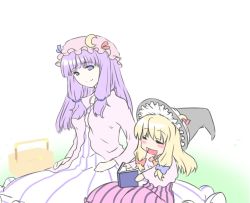 Rule 34 | 2girls, age difference, blonde hair, blush, book, child, crescent moon, dress, female focus, hair ribbon, happy, haruichi (komikal), hat, if they mated, kirisame marisa, long hair, moon, mother and daughter, multiple girls, no nose, onee-loli, open book, open mouth, patchouli knowledge, picnic basket, purple eyes, purple hair, reading, ribbon, sitting, smile, striped clothes, striped dress, touhou, vertical-striped clothes, vertical-striped dress, witch, witch hat, yuri