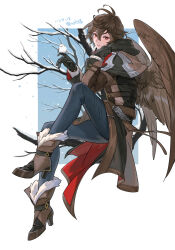 Rule 34 | 1boy, animal, animal on hand, ankle boots, bird, black capelet, black coat, black gloves, blue pants, boots, branch, brown capelet, brown coat, brown footwear, brown hair, brown wings, capelet, closed mouth, coat, feathered wings, fur-trimmed boots, fur trim, gloves, granblue fantasy, highres, long sleeves, male focus, multicolored capelet, multicolored coat, pants, red eyes, sandalphon (granblue fantasy), short hair, snow, solo, tekki (tki), wings