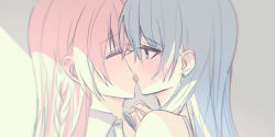Rule 34 | 2girls, absurdres, bare shoulders, blouse, blue eyes, blush, braid, chihuri, closed eyes, collared shirt, dress shirt, facing another, french kiss, from side, grey hair, hair between eyes, highres, holding hands, interlocked fingers, kiss, long hair, looking at another, multiple girls, open clothes, open mouth, open shirt, original, pink hair, portrait, profile, shirt, sweat, tears, tongue, tongue out, white shirt, yuri