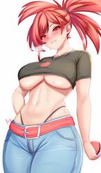 Rule 34 | 1girl, anisdrawn, belt, belt buckle, black shirt, blush, breasts, buckle, creatures (company), cropped shirt, denim, flannery (pokemon), game freak, heavy breathing, high ponytail, highleg, highleg panties, highres, holding, holding poke ball, jeans, large breasts, long hair, looking at viewer, navel, nintendo, panties, pants, panty peek, poke ball, pokemon, pokemon rse, red belt, red eyes, red hair, shirt, shirt overhang, smile, solo, sweat, underboob, underwear, white background