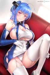 Rule 34 | 1girl, ahoge, areola slip, argyle, argyle clothes, argyle cutout, artist name, ass, azur lane, bare shoulders, blue hair, blush, breasts, buttons, cameltoe, cleavage, closed mouth, clothing cutout, couch, dress, elbow gloves, garter straps, glint, gloves, hair ornament, halterneck, head tilt, knee up, large breasts, light particles, long hair, looking at viewer, medium hair, on couch, panties, pink eyes, ponytail, rei kun, rudder footwear, shoes, short dress, sidelocks, sitting, smile, solo, st. louis (azur lane), thighhighs, underwear, white dress, white gloves, white panties, white thighhighs