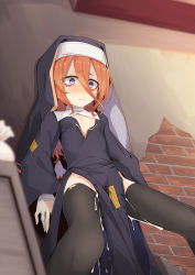 Rule 34 | 1girl, after rape, aftersex, against wall, bags under eyes, bandaged arm, bandaged fingers, bandaged hand, bandages, black thighhighs, blurry, blush, breasts, charlotte (ogami kazuki), cleavage cutout, closed mouth, clothing cutout, cum, cum on clothes, cumdrip, depth of field, eyebrows, facing viewer, female focus, groin, habit, hair between eyes, half-closed eyes, highres, long hair, no bra, no panties, nun, ogami kazuki, orange hair, original, patch, pelvic curtain, purple eyes, small breasts, solo, standing, tears, thighhighs, torn clothes, torn thighhighs