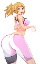 Rule 34 | 10s, 1girl, artist request, ass, bare shoulders, bike shorts, blonde hair, blue eyes, breasts, from behind, gundam, gundam build fighters, gundam build fighters try, hoshino fumina, large breasts, long hair, looking at viewer, looking back, open mouth, ponytail, scrunchie, shiny clothes, shiny skin, sideboob, smile, solo, sports bra, thigh strap