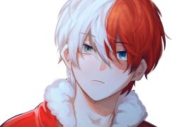 Rule 34 | 1boy, akira aishi, blue eyes, boku no hero academia, burn scar, closed mouth, coat, commentary request, frown, fur-trimmed coat, fur trim, grey eyes, hair between eyes, highres, looking at viewer, male focus, multicolored hair, red coat, red hair, scar, scar across eye, scar on face, short hair, simple background, solo, split-color hair, thai commentary, todoroki shouto, two-tone hair, white background, white hair