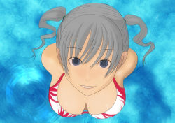 Rule 34 | 1girl, bikini, blue eyes, breasts, cleavage, from above, grey hair, kiriman (souldeep), large breasts, pov, smile, solo, swimsuit, twintails