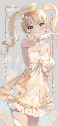 Rule 34 | 1girl, arm up, artist name, bad id, bad pixiv id, barbara (genshin impact), bare shoulders, blonde hair, blue eyes, blush, breasts, clear regulus, cleavage, closed mouth, detached collar, detached sleeves, dress, flower, frilled dress, frills, genshin impact, grey background, hat, highres, layered dress, long hair, looking at viewer, mini hat, out of frame, outside border, puffy short sleeves, puffy sleeves, short sleeves, simple background, single detached sleeve, skindentation, small breasts, smile, solo, strapless, strapless dress, thighhighs, twintails, white flower, white hat, white thighhighs, yellow dress, zettai ryouiki