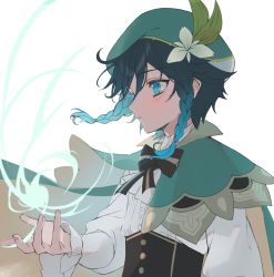 Rule 34 | 1boy, beret, black hair, blue eyes, blue hair, blush, bow, braid, cape, commentary request, flower, genshin impact, gradient hair, green cape, green hat, hair between eyes, hat, hat flower, highres, long sleeves, male focus, mei (maple 152), multicolored hair, parted lips, simple background, solo, twin braids, upper body, venti (genshin impact), white background, white flower
