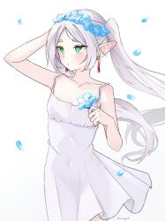 Rule 34 | 1girl, arm up, bare shoulders, blue flower, blue petals, blush, breasts, collarbone, commentary, covered navel, dress, earrings, elf, embarrassed, english commentary, flower, flower wreath, frieren, highres, jewelry, looking up, magui3, no bra, parted bangs, petite, pointy ears, simple background, small breasts, solo, sousou no frieren, sundress, twintails, twitter username, white background, white dress, wind