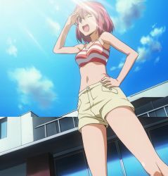 Rule 34 | 00s, 1girl, arm up, bikini, bikini top only, blue sky, breasts, building, buttons, cloud, collarbone, hand on own hip, highres, kushieda minori, light rays, medium breasts, midriff, navel, one eye closed, open mouth, red eyes, red hair, screencap, short hair, shorts, sky, smile, solo, standing, stitched, striped bikini, striped clothes, swimsuit, tankini, third-party edit, toradora!