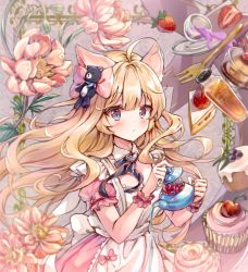 Rule 34 | 1girl, ahoge, animal ears, apron, blonde hair, blush, bow, breasts, cake, cake slice, cleavage, closed mouth, commentary request, cupcake, dress, flower, food, fork, fruit, hair bow, holding, long hair, looking at viewer, maid apron, medium breasts, melings (aot2846), original, pink bow, pink dress, pink flower, puffy short sleeves, puffy sleeves, red flower, red rose, rose, short sleeves, solo, strawberry, stuffed animal, stuffed toy, teddy bear, teddy bear hair ornament, very long hair, white apron