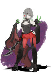 Rule 34 | 1girl, arm strap, bare shoulders, boots, colored tips, demon wings, detached sleeves, diabellstar the black witch, duel monster, gloves, green hair, grey eyes, grey hair, hand on own hip, high heels, highres, holding, holding sword, holding weapon, jacket, jewelry, medium hair, miniskirt, mochi curry, multicolored hair, necklace, pantyhose, red hair, red pantyhose, single detached sleeve, single glove, single wing, skirt, solo, sword, unworn jacket, weapon, wings, yu-gi-oh!