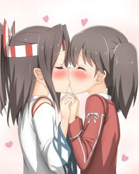 Rule 34 | 10s, 2girls, blush, brown hair, closed eyes, from side, hachimaki, holding hands, headband, heart, highres, interlocked fingers, japanese clothes, kantai collection, kiss, multiple girls, nedia (nedia region), ponytail, profile, ryuujou (kancolle), twintails, upper body, yuri, zuihou (kancolle)