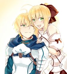 Rule 34 | 1boy, 1girl, :d, ahoge, armor, armored dress, arthur pendragon (fate), artoria pendragon (fate), bad id, bad pixiv id, blonde hair, bow, buun ko, capcom, detached sleeves, fate/prototype, fate/stay night, fate/unlimited codes, fate (series), green eyes, hair bow, hand on another&#039;s shoulder, long hair, one eye closed, open mouth, ponytail, saber (fate), saber lily, short hair, smile