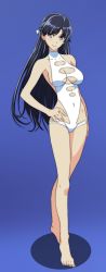 Rule 34 | 1girl, absurdres, barefoot, black hair, blue background, breasts, casual one-piece swimsuit, cleavage, cleavage cutout, clothing cutout, collarbone, covered navel, floating hair, full body, hair ornament, hand on own hip, highleg, highleg swimsuit, highres, kakumeiki valvrave, long hair, looking at viewer, medium breasts, one-piece swimsuit, purple eyes, rukino saki, sideboob, simple background, solo, standing, swimsuit, very long hair, white one-piece swimsuit