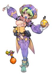 Rule 34 | 1girl, :q, blue tongue, blush, breast tattoo, breasts, breasts out, clown (terraria), colored tongue, facial mark, female pubic hair, fingerless gloves, full body, gloves, green hair, highres, large breasts, long sleeves, mismatched pupils, nipples, nyong nyong, pants, pointy ears, pubic hair, puffy long sleeves, puffy sleeves, purple pants, pussy juice, red eyes, shirt, short hair, solo, standing, tattoo, terraria, tongue, tongue out, white gloves, yellow shirt