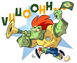 Rule 34 | blanka, brazil, brazilian flag, capcom, horn (instrument), male focus, soccer, street fighter, vuvuzela