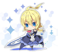 Rule 34 | 1girl, ahoge, black pantyhose, blazblue, blonde hair, blue dress, blue eyes, blue footwear, blush, boots, braid, breasts, chibi, closed mouth, commentary, dress, es (xblaze), greatsword, hair between eyes, holding, holding sword, holding weapon, huge ahoge, huge weapon, large breasts, long hair, long sleeves, looking at viewer, milkpanda, outstretched arm, pantyhose, single braid, solo, sparkle, standing, sword, very long hair, weapon, wide sleeves
