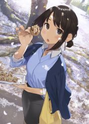 Rule 34 | 1girl, :o, bag, blue jacket, blush, brown eyes, brown hair, cherry blossoms, commentary request, douki-chan (douki-chan), earrings, feet out of frame, food, from above, ganbare douki-chan, highres, jacket, jewelry, looking at viewer, office lady, open mouth, outdoors, pantyhose, pencil skirt, sharing food, shopping bag, short hair, short ponytail, sidelocks, skirt, solo, standing, takoyaki, tree, yomu (sgt epper)