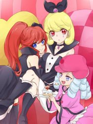 Rule 34 | 10s, 3girls, blonde hair, blue eyes, blue hair, boots, cake, choker, couch, crossed legs, food, fruit, gender request, genderswap, happinesscharge precure!, hat, highres, hosshiwa, knee boots, long hair, magical girl, multiple girls, open mouth, phantom (happinesscharge precure!), pillow, pink hat, plate, ponytail, precure, queen mirage, red eyes, red hair, ringlets, shawl, shipu (gassyumaron), short hair, sitting, smile, strawberry, strawberry shortcake, unlovely (happinesscharge precure!)