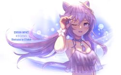 Rule 34 | 1girl, ;d, arm up, armpits, artist name, blush, breasts, camisole, character name, choker, cleavage, cone hair bun, copyright name, ctiahao, earrings, flower, flower bracelet, genshin impact, hair bun, hair ornament, highres, jewelry, keqing (genshin impact), long hair, medium breasts, one eye closed, open mouth, purple choker, purple eyes, purple hair, see-through, sleeveless, smile, solo, sparkle, tassel, twintails, upper body, water drop, white flower