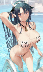Rule 34 | 1girl, animal ears, animal print, arm behind head, armpits, arms up, bare arms, bare shoulders, bell, bikini, blue hair, blush, breasts, collarbone, covered erect nipples, covered navel, cow ears, cow girl, cow horns, cow print, day, hand in own hair, highres, hiiragi yuuichi, holding, horns, large breasts, long hair, looking at viewer, original, parted bangs, pool, pool ladder, purple eyes, smile, solo, sparkle, swimsuit, thighs, very long hair, wading, water, wet, wet clothes, wet hair, wet swimsuit